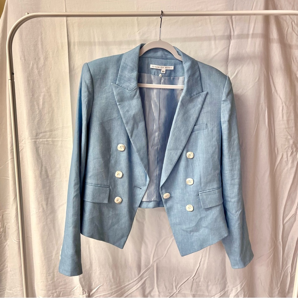 Veronica Beard Light Blue Double-Breasted Linen Blazer